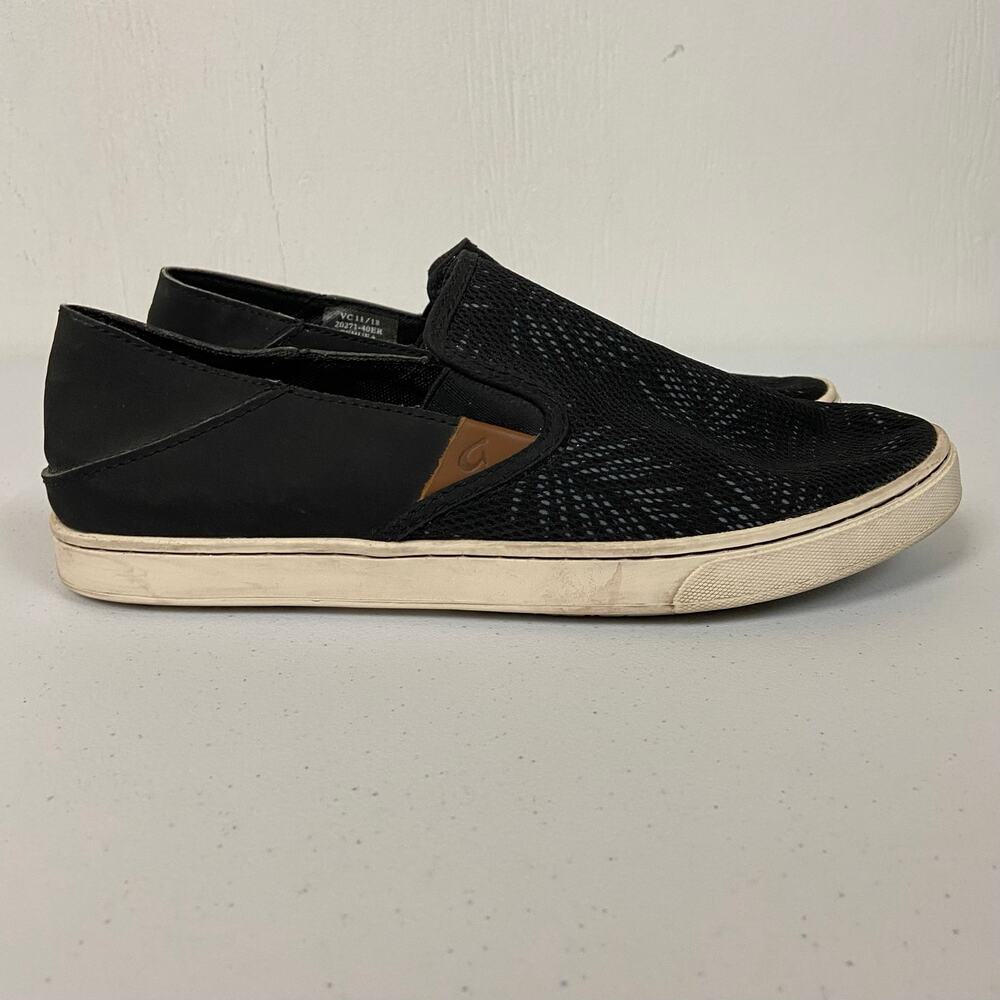 OluKai Pehuea Women's Breathable Black Palm Leaf Slip-On Comfort Sneakers Size 9